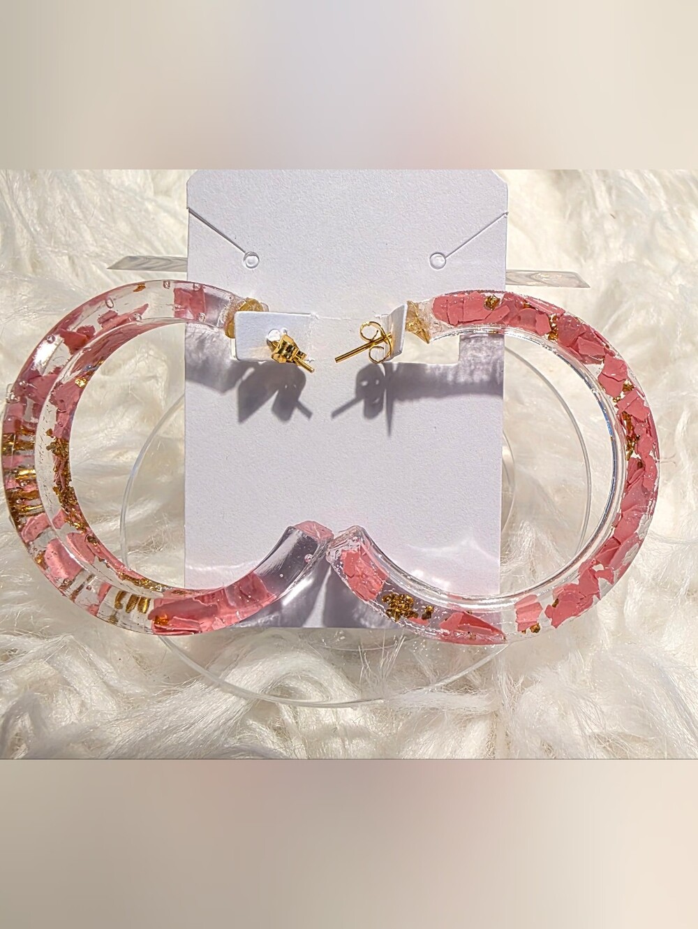 Handmade Pink Resin Hoop Earrings with Gold Foil - Women Accessories